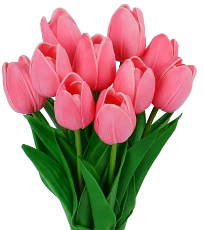 VaryFloral 10 Pezzi Tulipani Finti Fiori Artificiali Rosa Scuro Tulipani Finti Realistici Lattice PU Fiori Finti per Decorazioni Bouquet Sposa Fiori Decorativi Tulipano per Matrimonio Stanza Famiglia