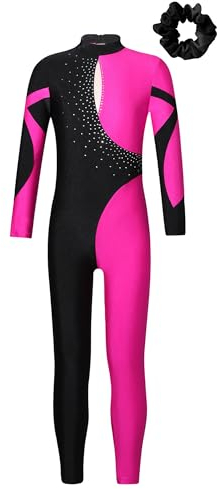 Hedmy Kinder Mädchen Turnanzug Eiskunstlauf Gymnastikanzug Langarm Pailletten Jumpsuit Overall Einteiler Trikot Gymnastik Leotard Hot Pink & Schwarz B 170