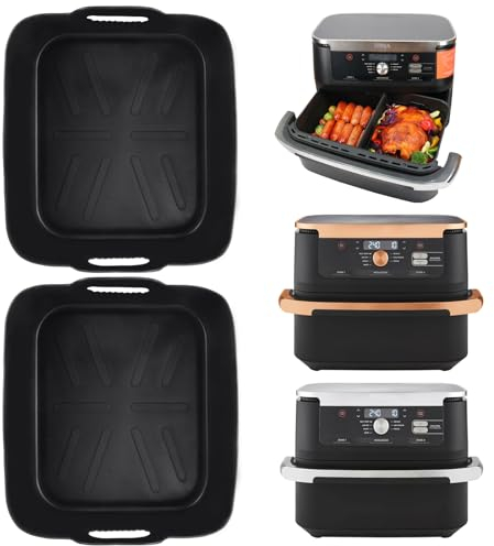 YQL 2PCS Ultra-Thin Silicone Air Fryer Liners for Ninja Foodi Flexdrawer Dual Airfryer 10.4L AF500UK/ AF500UKCP, Reusable Air Fryer Accessories, Rectangle AirFryer Trays (Black)