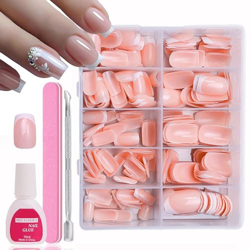 MrCuvaryas 240 Stück French Press On Nails Short Almond, Full Cover Nageltips Kurz für Gelnägel, Fingernägel Fake Nails mit Kleber Acryl Nagel Tips Nägel Zum Aufkleben (Nude Square, 240pc)