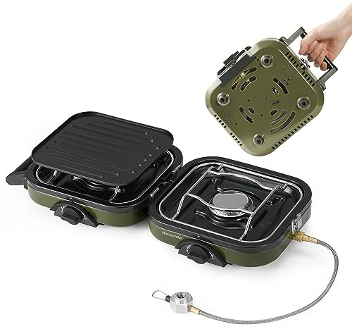 LBLFEBD 2-in-1-Gaskocher für Camping, Bratpfanne, klappbarer Gaskocher mit Zwei Flammen und einstellbaren Brennern, 250 ml, Tragegriff, tragbar, Bratpfanne aus Eisen, perfekt für Camping und Wandern