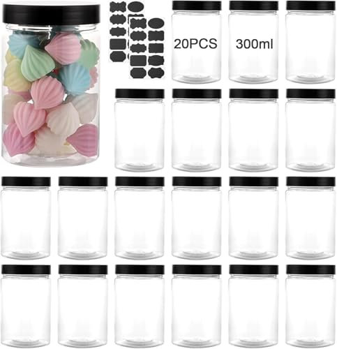 Oungy 20 Stück Luftdichte Vorratsdosen mit Deckel 300ml Kleine Dosen mit Deckel Plastik Aufbewahrungsgläser mit Deckels und Etiketten, Plastikdosen für küche von Müsli Reis Mehl Cornflakes