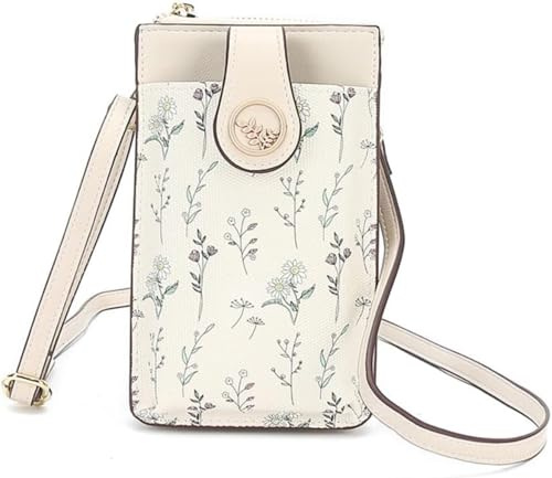 Floral Fashion PU Leather Mobile Phone Cross Body Bags for Women Small Shoulder Bag Roomy Purses and Handbags (Beige)