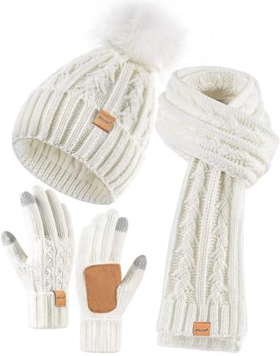 Winuesa Mütze, Schal & Handschuh-Set für Damen - Beanie mit Bommel, Fleece Gefüttert, Touchscreen Handschuhe, Wärmer 3 in 1 Geschenk Set (Weiß)