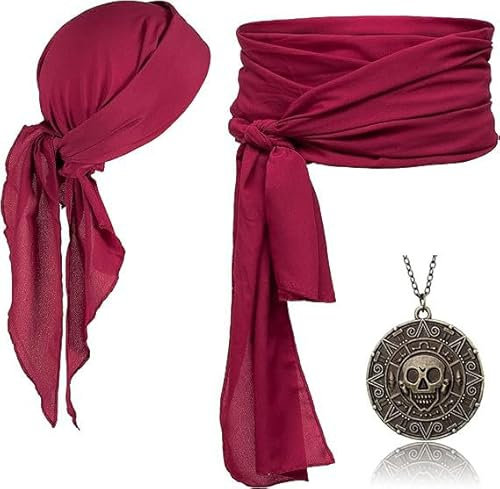 Piratenkostüm Herren Damen,Piraten Kostüm Damen,Piraten Accessoires Set,Halskette Pirat Piraten Stirnband Taillengürtel Piratenkapitän Schärpe Pirat Kopftuch Bandanas Karneval Party Zubehör