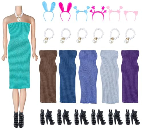 DICOSMETIC 6 Sets 6 Farben Polyester Puppenkleidung Set Puppenkleidung Und Zubehör Puppenkleidungs Ersatz Einschließlich Puppenkleid Schuhe Halskette Und Haarbänder