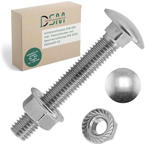 DSM – Schlossschrauben M5 x 60 mm SET DIN 603 – je 25 Stück Edelstahl A2 | inkl. M5 Flanschmuttern DIN 6923 [TrueSpec Präzision] Vollgewinde Flachrundkopfschrauben Vierkantansatz Torbandschrauben