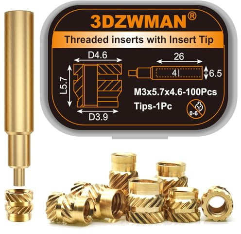 3DZWMAN 101PCS M3 Heat Set Inserts for 3D Printing Plastic Components Part | 100PCS M3x5.7x4.6 Brass Metric Knurled Nuts Threaded Inserts with 1PC Soldering Iron Heat Set Tips