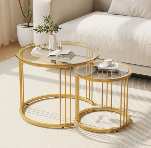 Garden 4 you Nesting Coffee Table, 23.6 Round Coffee Table Set of 2, Glass Nesting Table with Metal Frame, Ceter Tables for Living Room Bedroom Balcony, Gold