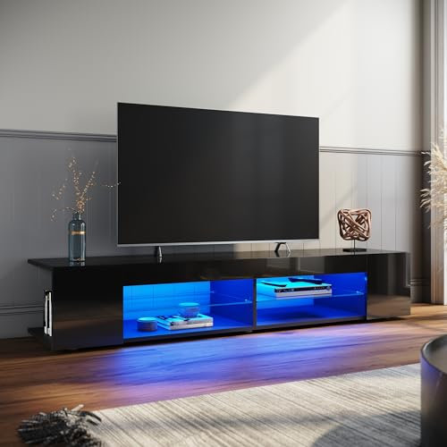 ELEGANT TV Stand Cabinet Unit with 16 RGB LED Lights, High Gloss Modern Black TV Stand with Open Glass Storage Shelves and 2 Rear Storage Compartments for Living Room, Bedroom 1600x390x300mm