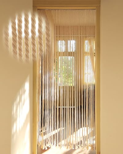 Ezcasch 90x200cm Seilvorhang Türvorhang, 54 Stränge Beiger Boho Terrassentür Türvorhang, Fliegenvorhang Balkontür als Raumteiler und Dekoration für Balkon, Zimmer, Terrasse