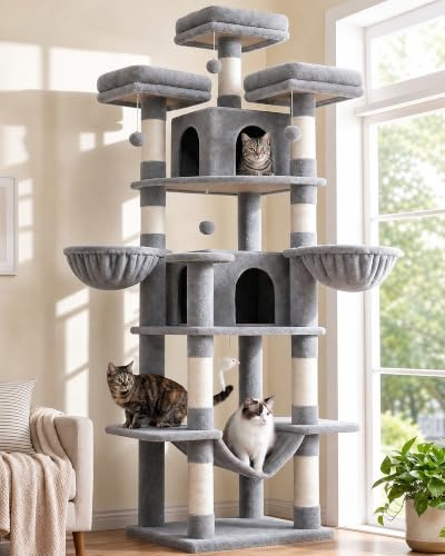 Globlazer F80 Castle Cat Tree Tower 204cm Hammock 3 Perches for Indoor Cats | Stable Cat Tree with 3 Top Perches, 2 Cat Caves, 2 Hanging Baskets, Easy to Assemble Heavy Duty Cat Tower for 2/3 Cats