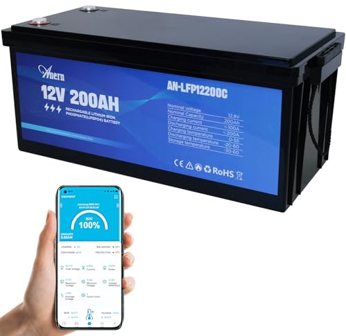 Anern 12V 200Ah LiFePO4 Batterie Bluetooth Deep Cycle Lithium Batterie 200A BMS, 2560Wh Lithium Akku bis zu 15000 Zyklen, perfekt für Wohnmobile, Solar, Boot, Camping,Off-Grid-Systeme