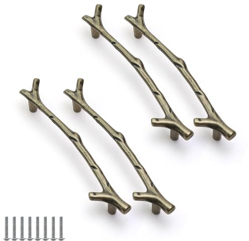 DIYCUT 4 Piezas Forma di Ramo Puxadores para Moveis | Color Bronce Antiguo Tiradores Cajones, Aleación de Zinc Maciza Tiradores Armarios, Adecuado Para Cocina, Armario y Cajón