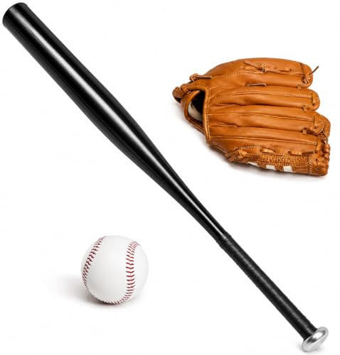 D.I.L Baseball Bat Set, 25 Inch Aluminum Metal Bat with 10.5 Inch Leather-Style Glove and Ball, for Kids, Red, Blue, Black, Silver