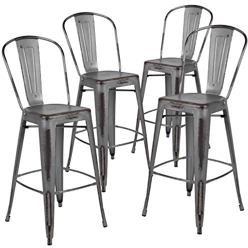 Flash Furniture Blake Barhocker mit Rückenlehne, Metall, für drinnen und draußen, 76,2 cm hoch, Silbergrau, 4 Stück