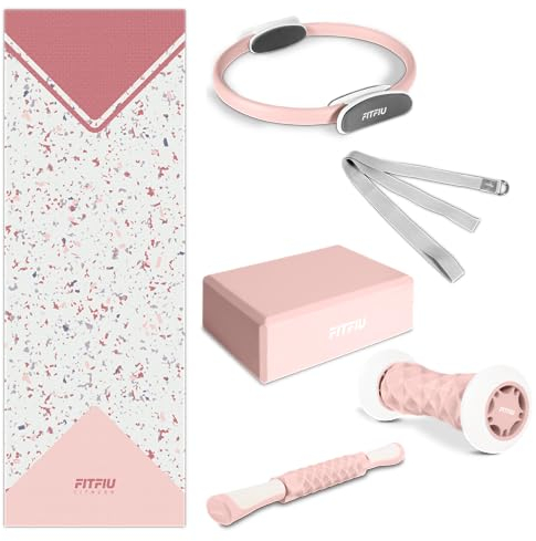 Fitfiu Fitness KITWELL-601-6er-Pack Yoga-Pilates-Zubehör in Rosa mit Matte, Reifen, Block, Fußmassagegerät, Massagestab und Yogagurt, einzigartiges geometrisches Design