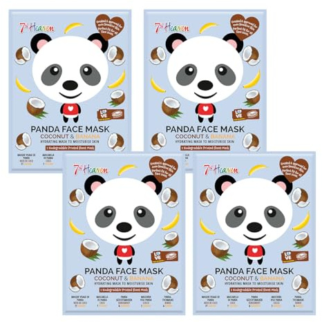 7th Heaven Panda Face Mask Multipack of 4, hydrating sheet masks for kids aged 8+ and teens with coconut and banana. Moisturising and soothing for all skin types, cruelty-free skincare. - Cruelty-Free