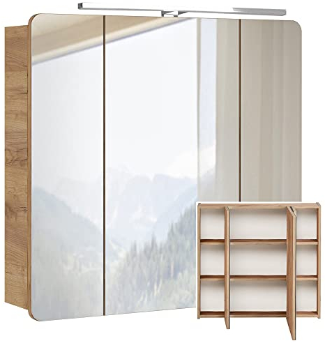 Lomadox Badezimmer Spiegelschrank 80 cm, LED-Beleuchtung, Wotan Eiche Nb. Nb, 3-türig, B/H/T ca. 80/75-80/16 cm