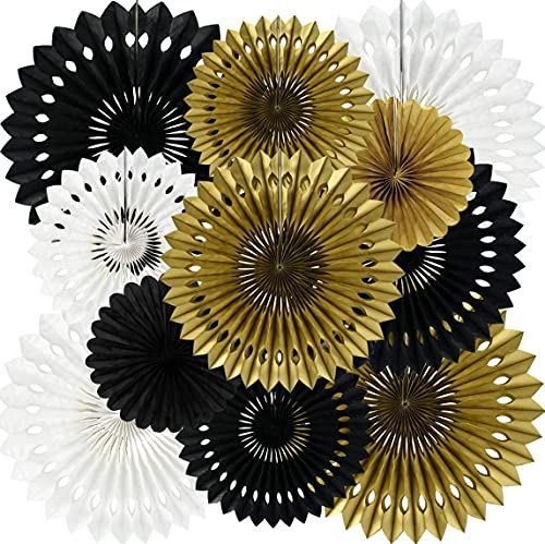 TONIFUL Black Gold White Hanging Honeycomb Round Paper Fans Decoration Set for Baby Shower Birthday Wedding Bachelorette Photo Booth Backdrops Anniversary Paper Party Supplies(11packs) …