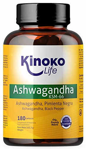 Ashwagandha KSM-66-180 Capsules, 500mg, avec Poivre Noir, 5% Withanolides, Vegan, Sans Stéarate de Magnésium, Sans Gluten, Non OGM