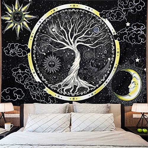 Betylifoy Psychedelic Mond und Sonne Tapisserie Baum des Lebens Wandbehang Tapisserie Schwarz und Weiß Galaxie Wandteppich Hippie Wand Kunst Tuch für Schlafzimmer (Sonne, 148x200cm)