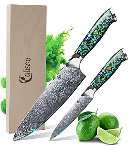 Calisso Starter Set 2 tlg. 67 Lagen Damaststahl - Damastmesserset, Küchenmesser, Kochmesser