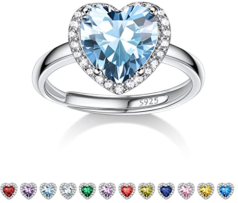 Bestyle Mondstein Ring Silber 925 Damen Verstellbare Ringe mit Geburtsstein März Fingerringe Herz-Ehering Aquamarin Schmuck für Mädchen