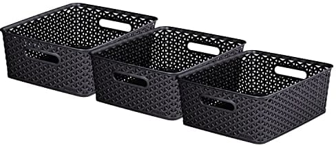 Curver My Style Rattan Effect Set of 3 Kitchen, Living room, Bathroom, Bedroom, Utility Medium Rectangular Storage Baskets 12 Litres - Anthracite, Dark Grey ( L35.5cmX W29cm X H13cm)