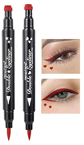 Eyeliner Stempel, Doppelseitiger flüssiger Eyeliner-Stift mit Augen Makeup Stempel, wasserfest, doppelseitig langanhaltend, Tattoo Makeup Werkzeug, rot-schwarz (Roter herzförmiger Stern)