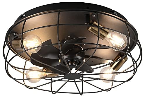 Deckenventilator mit Beleuchtung und Fernbedienung Ventilator mit Licht Decke Ventilatorlampe Decke Vintage, Timer 3 Stufen, Metallgitter schwarz, 4x E27, D 48 cm