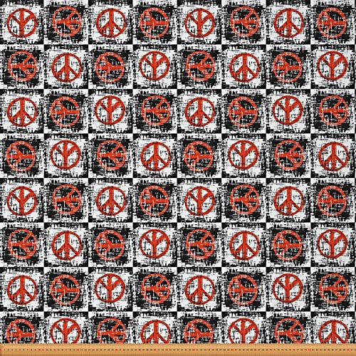 Hippie Friedenskunst Möbelstoff Meterware Buffalo Check Plaid Outdoor Stoff Meterware Grunge Peace Zeichen Kunstwerk Dekorationsstoff für Polster und Heimwerkerprojekte 460x150cm Rot Schwarz