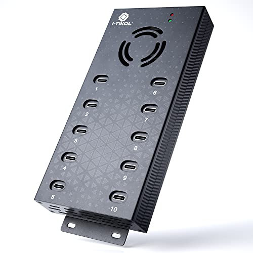 USB 2.0 Hub Type-C Multi Safety 10 Ports Powered, with AC Adapter, Aluminum USB Splitter with Cooling Fan - Type C for Laptops & PC, PC,Flash Drives, HDD, Hard Drive, Mouse, XPS, Xbox, Keyboard