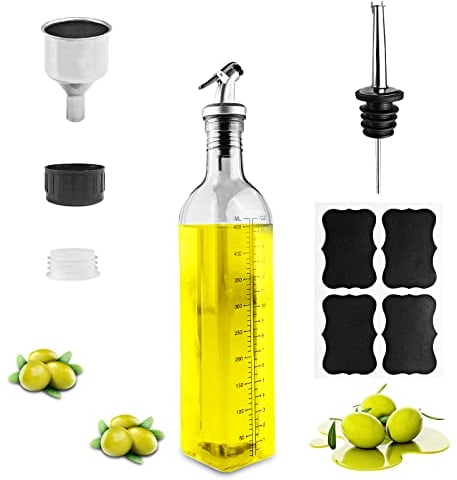 Gvolatee ölflasche glas 500ml, essig und ölspender mit ausgießer, Trichter, Anti-Schmutz Verschluss, transparent olivenöl spender, öl flaschen, ölflaschen für Küche, Grill, Pasta, Salate, Backen