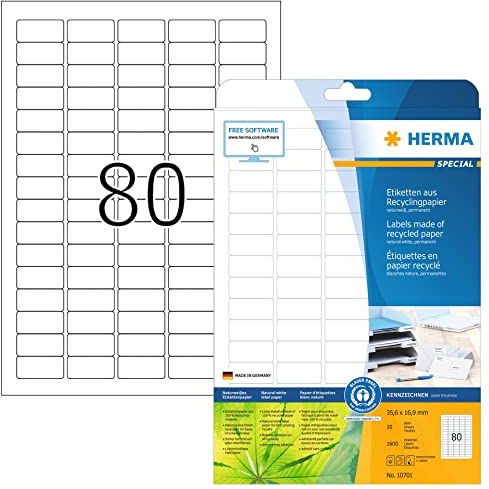 HERMA 10701 Recycling Etiketten, 20 Blatt, 35,6 x 16,9 mm, 80 pro A4 Bogen, 1600 Stück, selbstklebend, bedruckbar, matt, blanko Recycling-Papier Klebeetiketten Aufkleber, natur-weiß