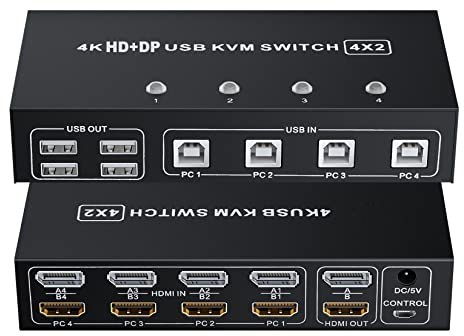 BolAAzuL 4 Port HDMI Displayport KVM Switch Dual Monitor, 4 PC 2 Monitore 4K@60Hz HDMI 2.0 DP 1.2 KVM USB 2.0 Switch Box, Tastatur Maus Peripherals HDMI+DP KVM Switcher 4 in 2 Out
