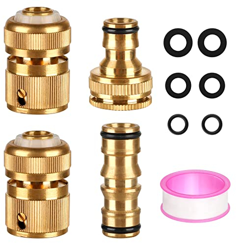 CoKeeSun 4 Pcs Brass Hose Connector Set 2 Hose 1/2 End Quick Connectors, 1 Double Male Connector, 1 Hose Tap Connector with Waterproof Tape and Washers for Garden Hose Pipe