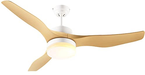 HOMCOM Ventilador de Techo con Luz LED Motor DC 20,5W con Mando a Distancia Ajustable de 3 Niveles 3 Aspas Reversibles 6 Velocidades y Temporizador Ø132x40 cm Natural