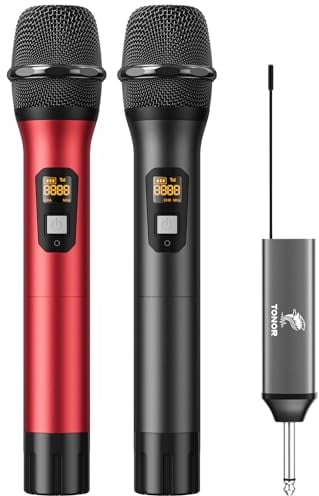 TONOR Wireless Microphone, UHF Dual Cordless Metal Dynamic Mic System with Rechargeable Receiver, for Karaoke Singing, Wedding, DJ, Party, Speech, Church, Class Use, 200ft (TW630), Black&Red
