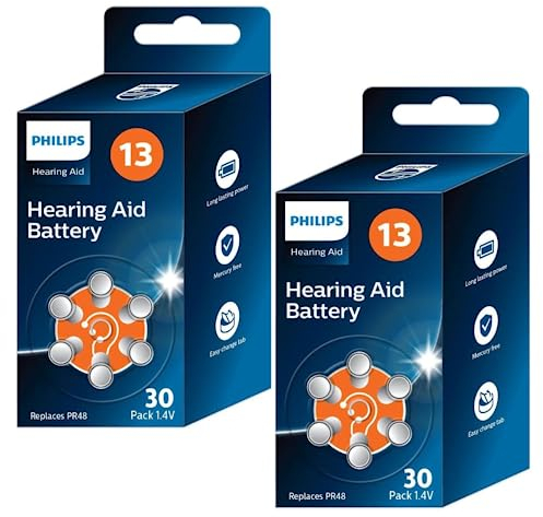 PHILIPS Lot de 60 Piles 1,4 V pour appareils auditifs 13 (Hearing Aid Battery) ZA13BX30/00, Technologie Premium Zinc Air, Batterie de durée maximale, Onglet Ouvert-Facile, Type PR48 (60 unités),