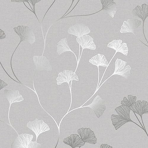 SOPHIE LAURENCE Glistening Ginkgo Floral Grey Rosegold Metallic Shimmer Effect Wallpaper - Thick Heavy Duty Solid Textured Designer Flower Wallpaper