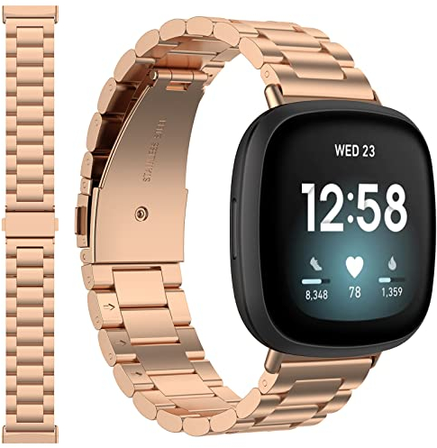 Miimall Kompatibel mit Fitbit Versa 4 Armband, Ultradünne Edelstahl Metall Uhrenarmband [Doppelte Faltschließe] Verstellbares Ersatzarmband für Fitbit Versa 3/Versa 2/Sense 2/Sense-Roségold