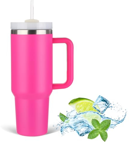 JFABL 40 oz Thermobecher mit Strohhalm und Henkel, Doppelwandiger Edelstahl Vakuum Kaffeebecher mit Deckel, Autobecher Tumbler Isolierbecher mit Griff für Heißer und Kalter Getränke,1182 ml (Pink)