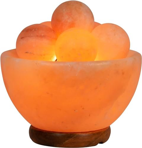 Elkoza Balls Bowl Salt Lamp Handmade Wood Silhouette Natural Healing IONES Therapeutic 100% Pure Himalayan Pink Crystal Salt Lamp Fine Quality (Fire Bowl & Balls Salt Lamp Himalayan)
