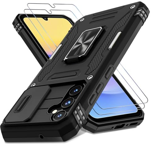 Handyhülle für Samsung Galaxy A15 Hülle mit Slide Camera, mit Kameraschutz[mit 2X Panzerfolie]für Samsung Galaxy A15 4G/5G Schutzhülle 360° Drehbarer Metall Ring Ständer Stoßfest für Samsung A15 4G/5G