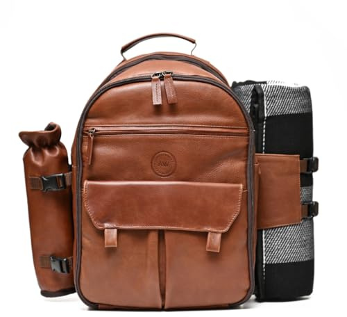 Argali Wines Premium Collection Sac à dos de pique-nique en cuir véritable pour 4 personnes – Compartiment isotherme, couverture, couverts en acier inoxydable, assiettes, verres – Cadeau de luxe pour