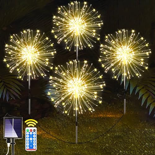 Joycome Solarlampen für Außen 4x150 LED Solarleuchten Pusteblume Gartenstecker mit Fernbedienung, 8 Modi Feuerwerk Gartenbeleuchtung Winterfest Gartenlichter Solar für Balkon Weg Blumenkästen Deko