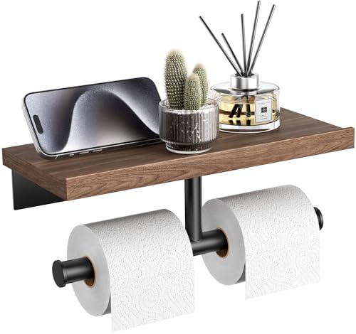 Tindbea Toilet Paper Holder with Wood Shelf, Wooden Wall Mount Tissue Paper Roll Holder, Matte Black Stainless Steel Bathroom Accessories Decor (Walnut, SUS304 Stainless Steel, Black-Double)