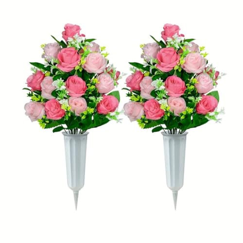 URMAGIC Lot de 2 Bouquets de Fleurs de Roses artificielles avec Vase, Fleurs commémoratives imperméables pour la décoration des cimetières, tombes pour Le Jour du Souvenir (Rose2)