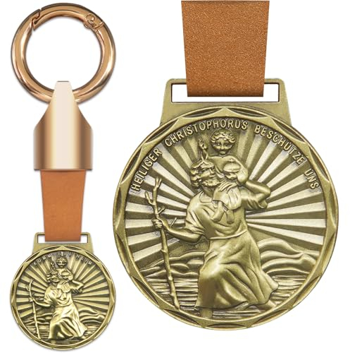 Anwlki Heiligen Christophorus Plaketten Leder Schlüsselanhänger Heiliger Christophorus Medaille Beschutze Uns Komm Gut Heim Auto Motorrad Autofahrer Schutzpatron Anhänger (Messingfarbe)